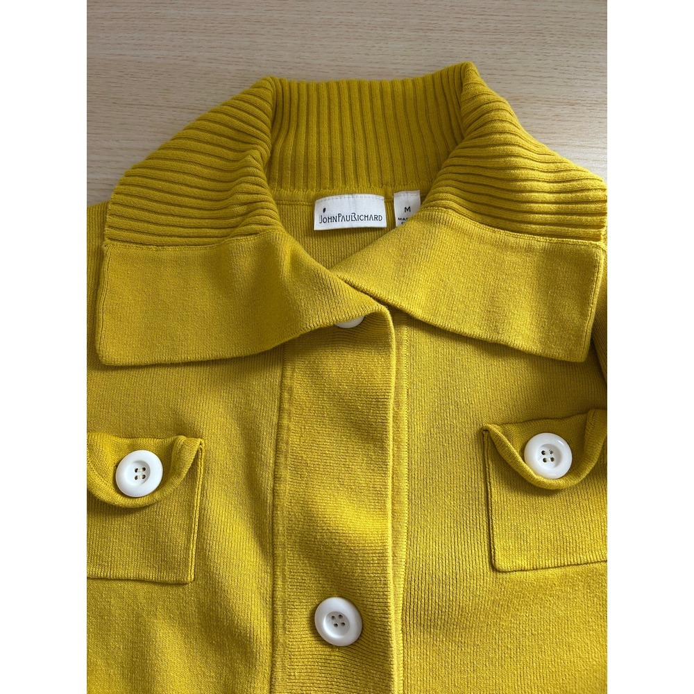 John Paul Richard Cardigan Women M Yellow Large Button Collared Ribbed Mod Retro - Picture 4 of 12